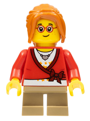 Минифигурка Lego Sweater Cropped with Bow, Heart Necklace, Dark Tan Short Legs, Dark Orange Ponytail Long with Side Bangs, Freckles and Glasses hol127