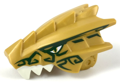 Dragon Head (Ninjago) Jaw Upper with White Teeth, Gold Eyes, and Dark Green Decorations Pattern, 40933pb01 Pearl Gold U