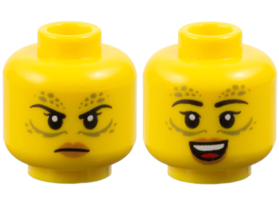 Minifigure, Head Dual Sided Female Black Eyebrows, Olive Green Spots and Lines, Medium Nougat Lips, Angry Frown / Open Mouth Smile Pattern, 3626pb3671 Yellow N