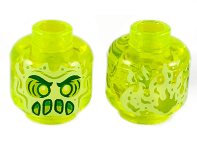Minifigure, Head Alien Ghost with Yellowish Green Face, Slime Mouth and Flames in Back Pattern, 3626pb2435 Trans-Neon Green U