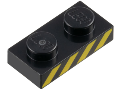 Plate 1 x 2 with Yellow Danger Stripes Pattern, 3023pb07 Black N