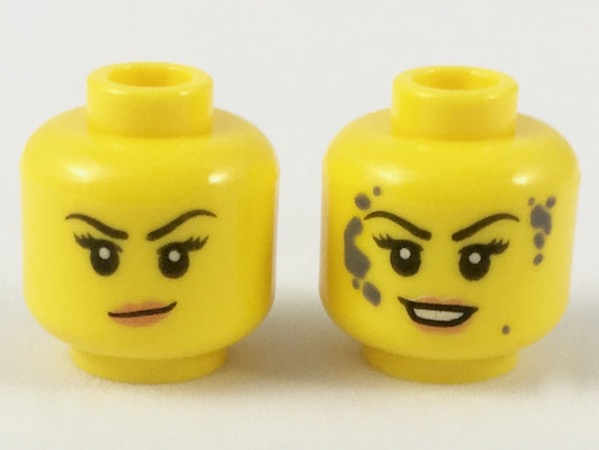 Голова Lego Minifigure, Head Dual Sided Female Black Eyebrows, Peach Lips, Smirk / Smile with Dark Bluish Gray Splotches Pattern - Hollow Stud 3626cpb2147