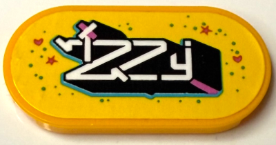 Tile, Round 2 x 4 Oval with Black and White Stylized 'Izzy', Medium Azure Dots, Dark Pink Hearts and Stars Pattern (Sticker) - Set 71461, 66857pb074 Bright Light Orange U