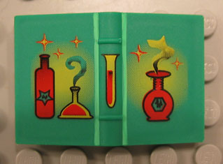 Minifigure, Utensil Book 2 x 3 with Red and Yellow Bottles, Flasks and Sparkles Pattern, 33009px1 Green N
