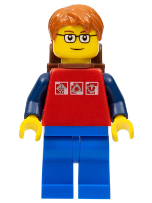 Минифигурка Lego Red Shirt with 3 Silver Logos, Dark Blue Arms, Blue Legs, Dark Orange Short Tousled Hair, Brown Eyebrows, Backpack cty0180