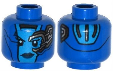 Minifigure, Head Alien Female Dark Azure Face, Dark Blue Lips, Mechanical Left Eye, Silver Stripes on Back Pattern, 3626pb1174 Blue N