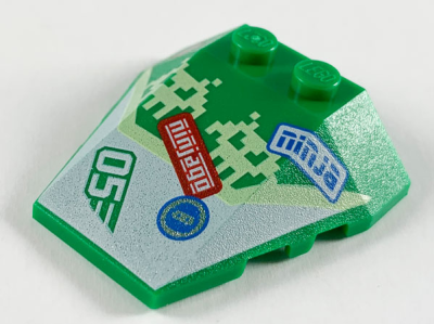 Wedge 4 x 4 Triple with Stud Notches with Pixel Aliens, 'ninjago', 'ninja' and '05' Pattern, 48933pb033 Green U