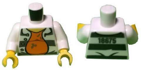 Торсик Lego Torso Town Prisoner Number 18675, Dark Bluish Gray Stripes, Orange Shirt Pattern / White Arms / Yellow Hands 973pb2163c01