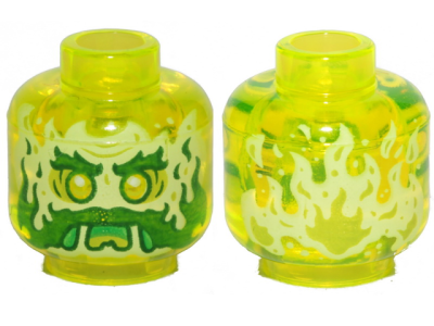 Minifigure, Head Alien Ghost with Yellowish Green Face, Beard, Sideburns, Slime Mouth and Flames in Back Pattern, 3626pb2453 Trans-Neon Green U