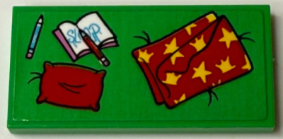 Tile 2 x 4 with Cushion with Pillow, Red Blanket with Yellow Stars, Pencils and Notebook with 'Sleep' Pattern (Sticker) - Set 71461, 87079pb1477 Bright Green U