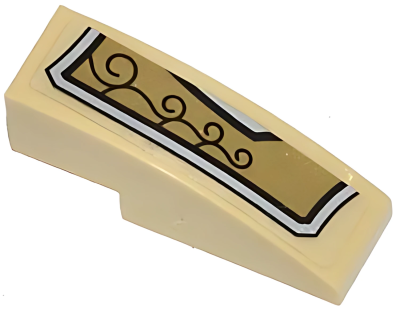 Деталь LEGO Lego Slope, Curved 3 x 1 with Gold and Silver Armor Plate with 4 Black Swirls Pattern Model Left Side (Sticker) 50950pb070L U
