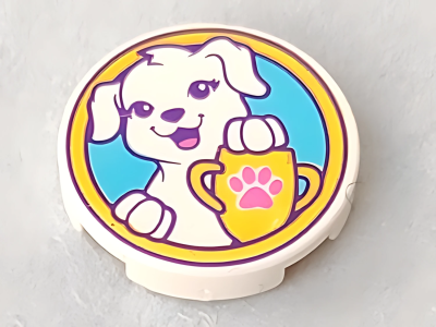 Деталь LEGO Lego Tile, Round 2 x 2 with Bottom Stud Holder with Puppy Dog, Yellow Trophy with Dark Pink Paw Print on Medium Azure Background Pattern 14769pb179 N