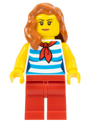 Минифигурка Lego Beachgoer - Female, Dark Azure and White Striped Shirt with Red Scarf, Red Legs, Dark Orange Hair cty0768