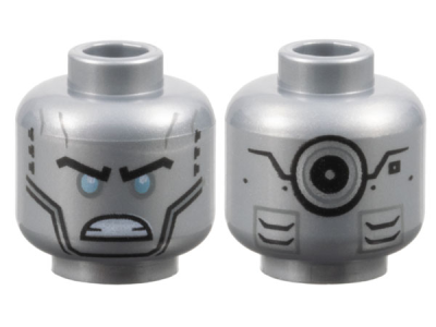 Minifigure, Head Alien Robot with Black Eyebrows, Metallic Light Blue Eyes, Cheek Lines, Angry Bared Teeth, Vents and Silver Circle on Back Pattern, 3626pb2029 Flat Silver U