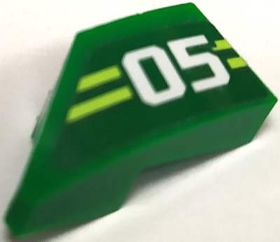 Wedge 2 x 1 x 2/3 Right with White '05' and Yellowish Green Stripes Pattern (Sticker) - Set 71709, 29119pb020 Green U