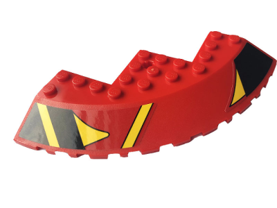 Brick, Round Corner 10 x 10 with Slope 33 Edge, Axle Hole, Facet Cutout with Black and Yellow Stripes Pattern Model Right Side (Sticker) - Set 76084, 58846pb20R Red U
