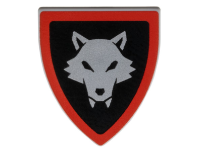 Minifigure, Shield Triangular Short with Silver Wolfpack Almond Eyes, Red Border around Black Background Pattern, 3846pb077 Light Bluish Gray N