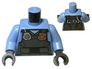 Торсик Lego Torso Police Shirt with Dark Bluish Gray Vest, Gold Badge, Radio and 'POLICE' Pattern on Back / Bright Light Blue Arms / Dark Bluish Gray Hands 973pb2162c01