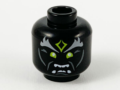 Minifigure, Head Alien Light Bluish Gray Bushy Eyebrows, Yellowish Green Forehead Tattoo and Eyes, Open Mouth Showing Teeth Pattern, 3626pb2628 Black U