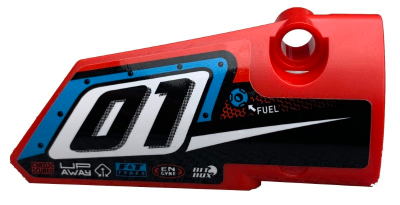 Technic, Panel Fairing # 4 Small Smooth Long, Side B with '01', Fuel Hole and White Stripe on Black Background Pattern (Sticker) - Set 42073, 64391pb051 Red U