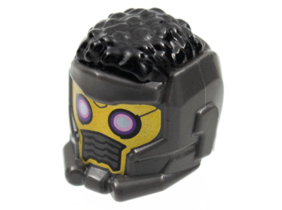 Minifigure, Headgear Helmet Space Wraparound with Black Hair on Top, Breathing Vents and Purple Rimmed Eye Holes Pattern (Star-Lord), 80801pb01 Pearl Dark Gray U