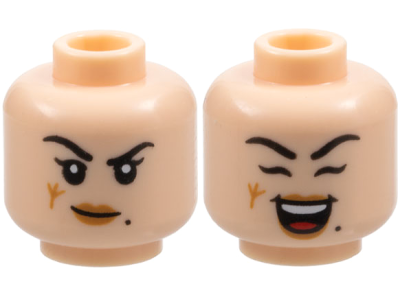 Minifigure, Head Dual Sided Female Black Eyebrows, Beauty Mark, Medium Nougat Lips, Scar, Lopsided Grin / Open Mouth Smile and Closed Eyes Pattern, 3626pb3683 Light Nougat N