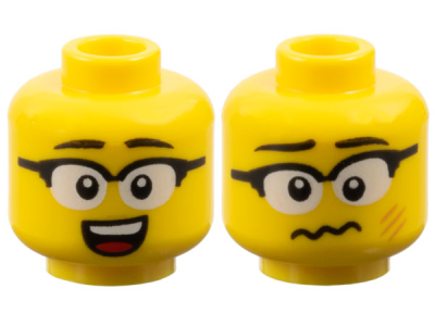 Minifigure, Head Dual Sided Black Eyebrows, Glasses with White Lenses, Open Mouth Smile with Top Teeth and Red Tongue / Dizzy with Medium Nougat Scratches Pattern, 3626pb3773 Yellow N