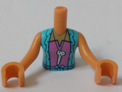 Torso Mini Doll Girl Medium Azure Vest with Ruffles over Dark Pink Top with Scissors Pattern, Nougat Arms with Hands, FTGpb249c01 Nougat U