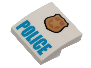 Slope, Curved 2 x 2 x 2/3 with Gold and Copper Badge with Star and Black Outline, Blue 'POLICE' Pattern, 15068pb046a White N
