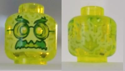 Minifigure, Head Alien Ghost with Yellowish Green Face, Bushy Eyebrows, Glasses, Angry and Flames in Back Pattern, 3626pb2493 Trans-Neon Green U