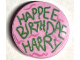 Tile, Round 2 x 2 with Bottom Stud Holder with Green 'HAPPEE BIRTHDAE HARRY', Dark Pink Swirls Pattern, 14769pb459  