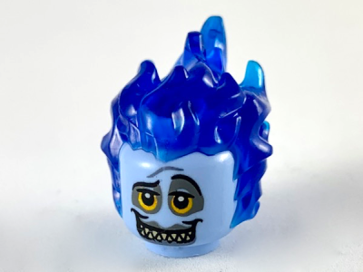 Minifigure, Head, Modified with Molded Trans-Dark Blue Flaming Hair and Printed Bright Light Orange Eyes with Dark Bluish Gray Rings, Sharp Teeth Pattern (Hades), 26990pb04 Bright Light Blue U
