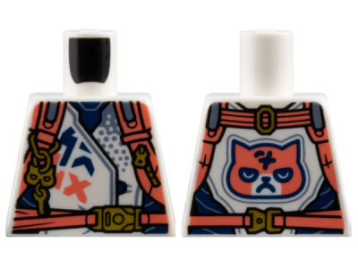 Torso Racing Jacket with Dark Blue Panels, Coral Harness Straps with Gold Buckles, Zipper, and Key on Keychain, Grumpy Cat Face on Back Pattern, 973pb5226 White U