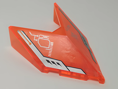 Деталь LEGO Windscreen 6 x 4 x 1 1/3 Pointed with Silver Circuitry and Black Vents Pattern on Both Sides (Stickers) 22483pb001 Trans-Neon Orange U