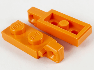 Hinge Plate 1 x 2 Locking with 1 Finger on End with Bottom Groove, 44301a Orange N