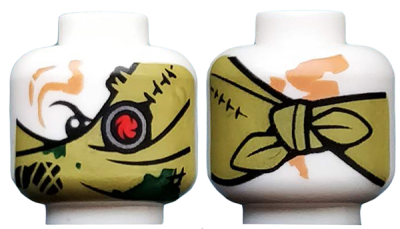 Minifigure, Head Alien Ninjago Red Eye Fan Left, Olive Green Bandana Wrap, Knot on Back Pattern, 3626pb2206 White U