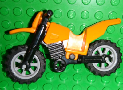 Motorcycle Dirt Bike with Black Chassis (Long Fairing Mounts) and Light Bluish Gray Wheels, 50860c11 Orange U