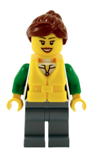 Минифигурка Lego Angler Female, Sand Blue Legs, Reddish Brown Hair, Peach Lips, Life Jacket Center Buckle cty0713