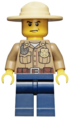 Минифигурка Lego  Forest Police - Dark Tan Shirt with Pockets, Radio and Gold Badge, Dark Blue Legs, Campaign Hat, Angry Eyebrows and Scowl, White Pupils cty0273