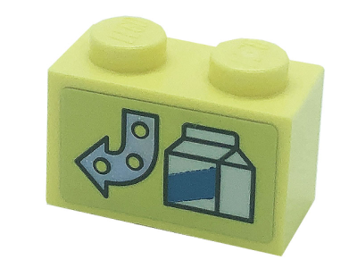 Brick 1 x 2 with Arrow and Drink Carton Pattern (Sticker) - Set 41366, 3004pb249 Bright Light Yellow U