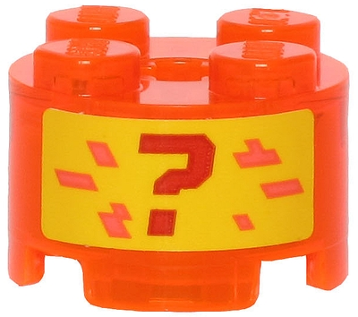 Brick, Round 2 x 2 with Axle Hole with Red Question Mark and Coral Pixels on Yellow Background Pattern (Sticker) - Set 71707, 3941pb30