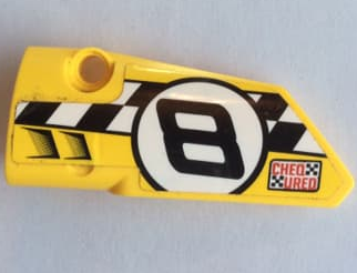 Technic, Panel Fairing # 3 Small Smooth Long, Side A with 'CHEQ URED' and Black Number 8 on Checkered Background Pattern (Sticker) - Set 42058, 64683pb063 Yellow U