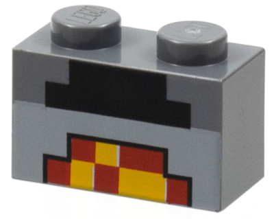 Brick 1 x 2 with Minecraft Pixelated Furnace Lit Pattern, 3004pb162 Dark Bluish Gray N