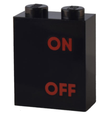 Brick 1 x 2 x 2 with Inside Stud Holder with Red 'ON' and 'OFF' Pattern, 3245cpb197 Black U