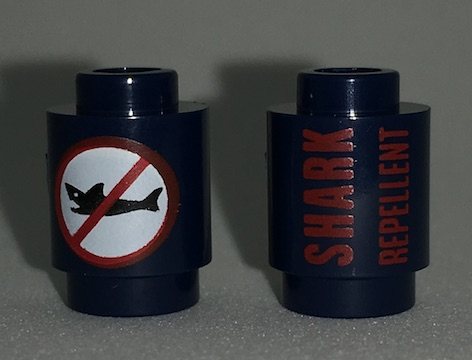 Brick, Round 1 x 1 with 'SHARK REPELLENT' and No Sharks Sign Pattern, 3062pb050