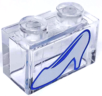 Brick 1 x 2 without Bottom Tube with Silver Shoe with Heel, Sparkles and Dots Pattern (Cinderella Glass Slipper), 3065pb04 Trans-clear U