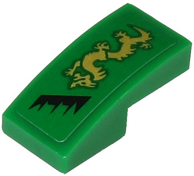 Slope, Curved 2 x 1 x 2/3 with Gold Dragon and Black Jagged Line Pattern Model Right Side (Sticker) - Set 71700, 11477pb085R Green U