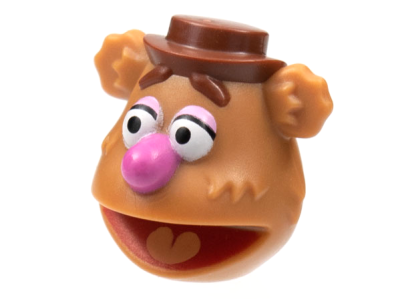 Minifigure, Head, Modified Muppet Fozzie, Reddish Brown Hat and Eyebrows, Dark Pink Nose Pattern, 89646pb01 Medium Nougat U