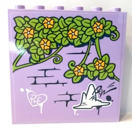 Panel 1 x 6 x 5 with Lime Leaves and Bright Light Orange Flowers on Lavender Brick Wall with Graffiti Pattern (Sticker) - Set 41365, 59349pb223 Lavender U