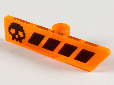 Minifigure, Utensil Gameplayer Label with Pixelated Black Skull and Broken Stripe / Health Bar Pattern, 65191pb02 Trans-Neon Orange U